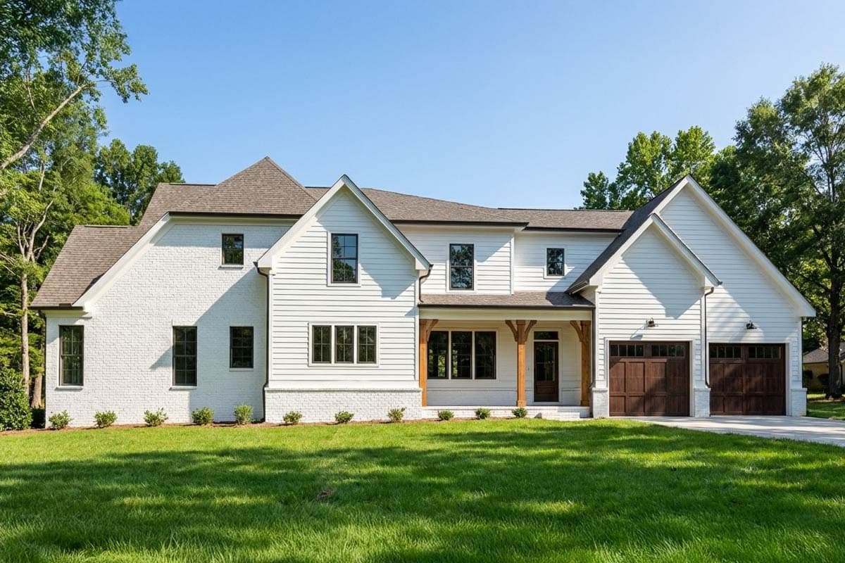 Modern farmhouse house plan exterior with white siding, white brick, prominent gables, covered porch, and attached two-car garage.