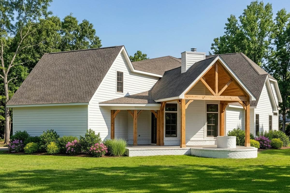 Modern Farmhouse house plan exterior with gabled entrance, exposed wood beams, and brick base.
