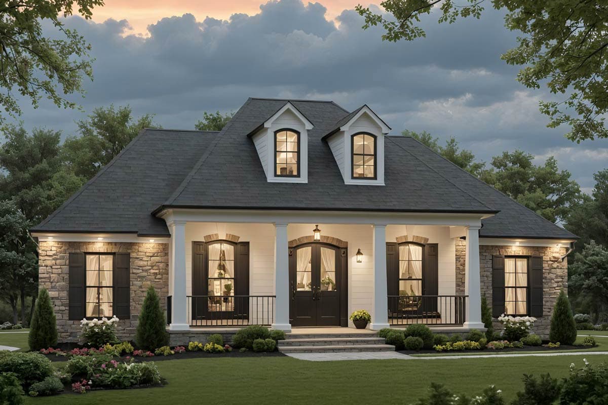 House plan exterior: One-story home with stone accents, full-width covered porch, double-door entry, and dormer windows.
