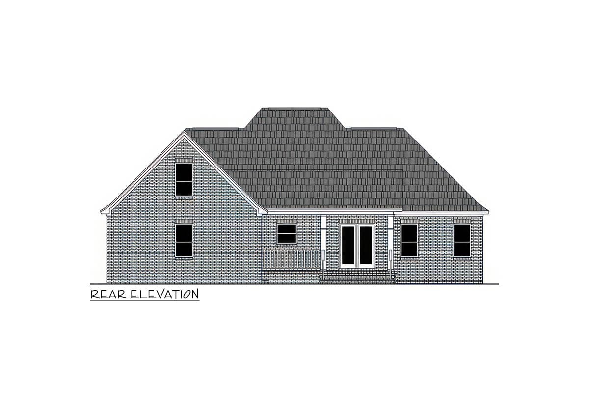 Rear elevation house plan shows a brick ranch with a prominent gable, a covered porch with double doors, and multiple windows.