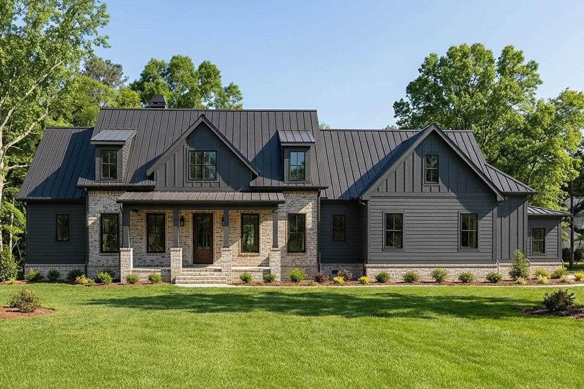 A modern farmhouse with a dark gray exterior, accented by a brick facade and a black metal roof, sits on a green lawn under a blue sky.