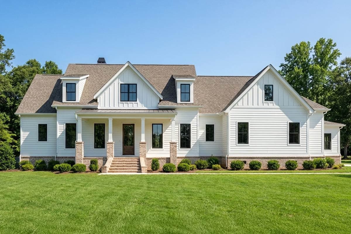 Modern Farmhouse house plan exterior with a covered front porch, board and batten siding, dormers, and gables.