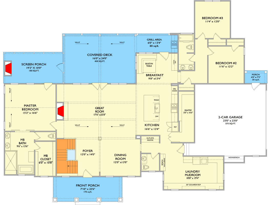 Plan 750007LDG: Craftsman House Plan: Two-Story Great Room, Split Bedrooms, and Porches - Floor Plan - Main Level - Craftsman, Farmhouse, Mountain