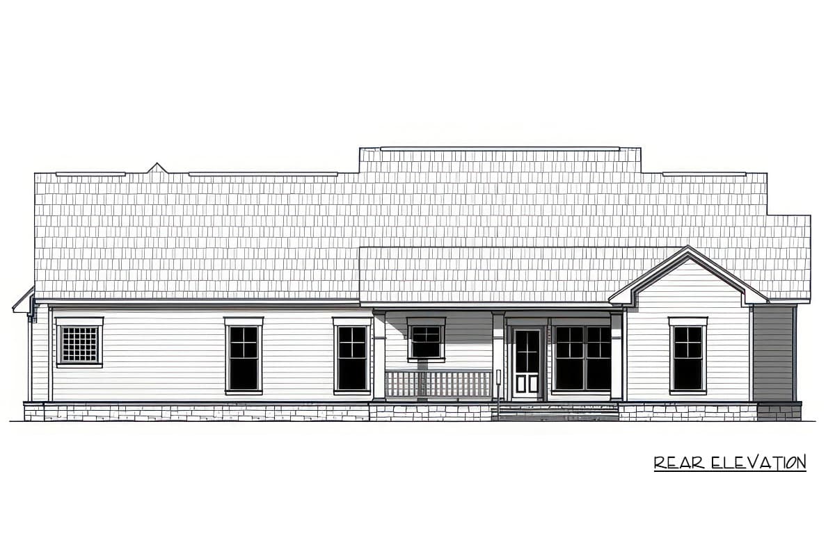 Rear elevation drawing of a single-story house with a covered porch, gabled dormer, and shingled roof.