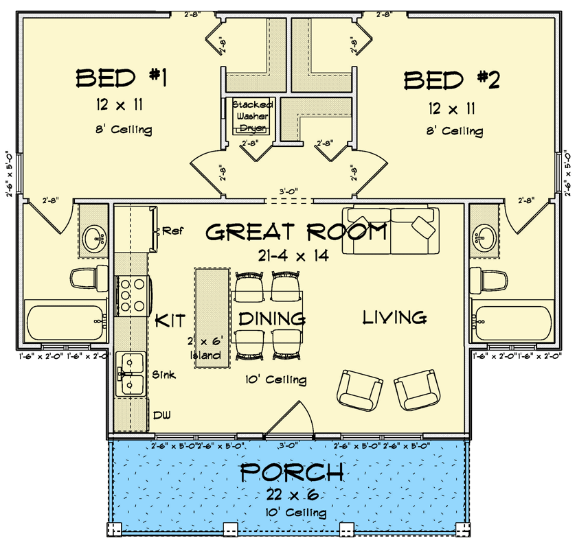 Plan 52513WM: Two-Bedroom Cottage Craftsman House Plan with Open Living - Floor Plan - Main Level - Cottage, Craftsman