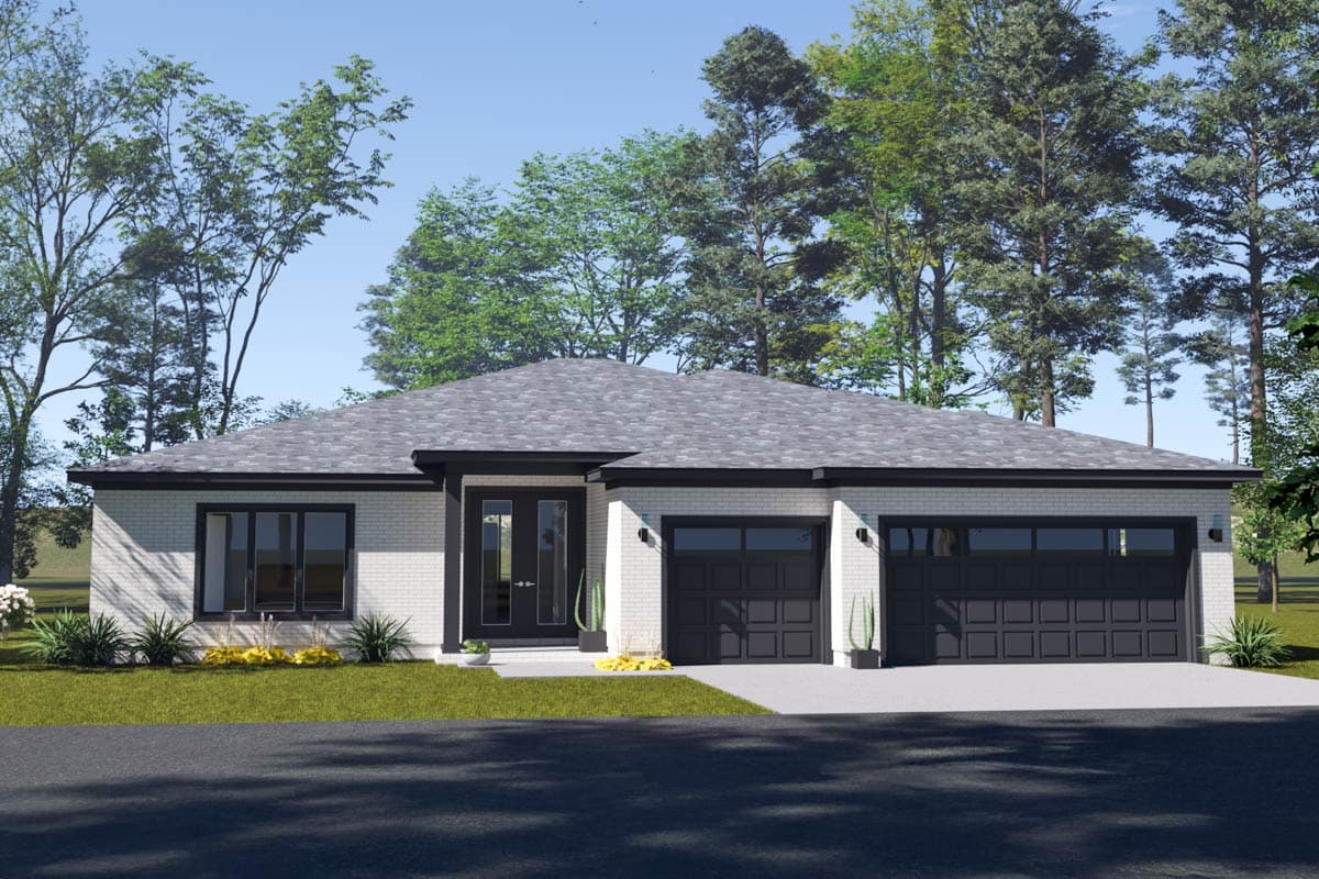 A modern, single-story house with a brick facade and dark trim. It features a double garage and front entrance, surrounded by trees.