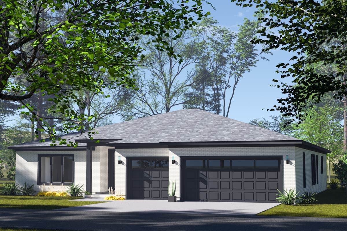 House plan exterior of a single-story modern home with white brick, a pitched roof, and a two-car garage.