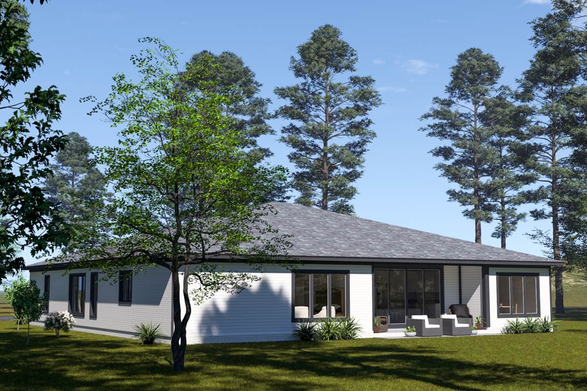 House plan exterior: single-story ranch with wide windows, glass sliding doors, and a prominent hipped roof.