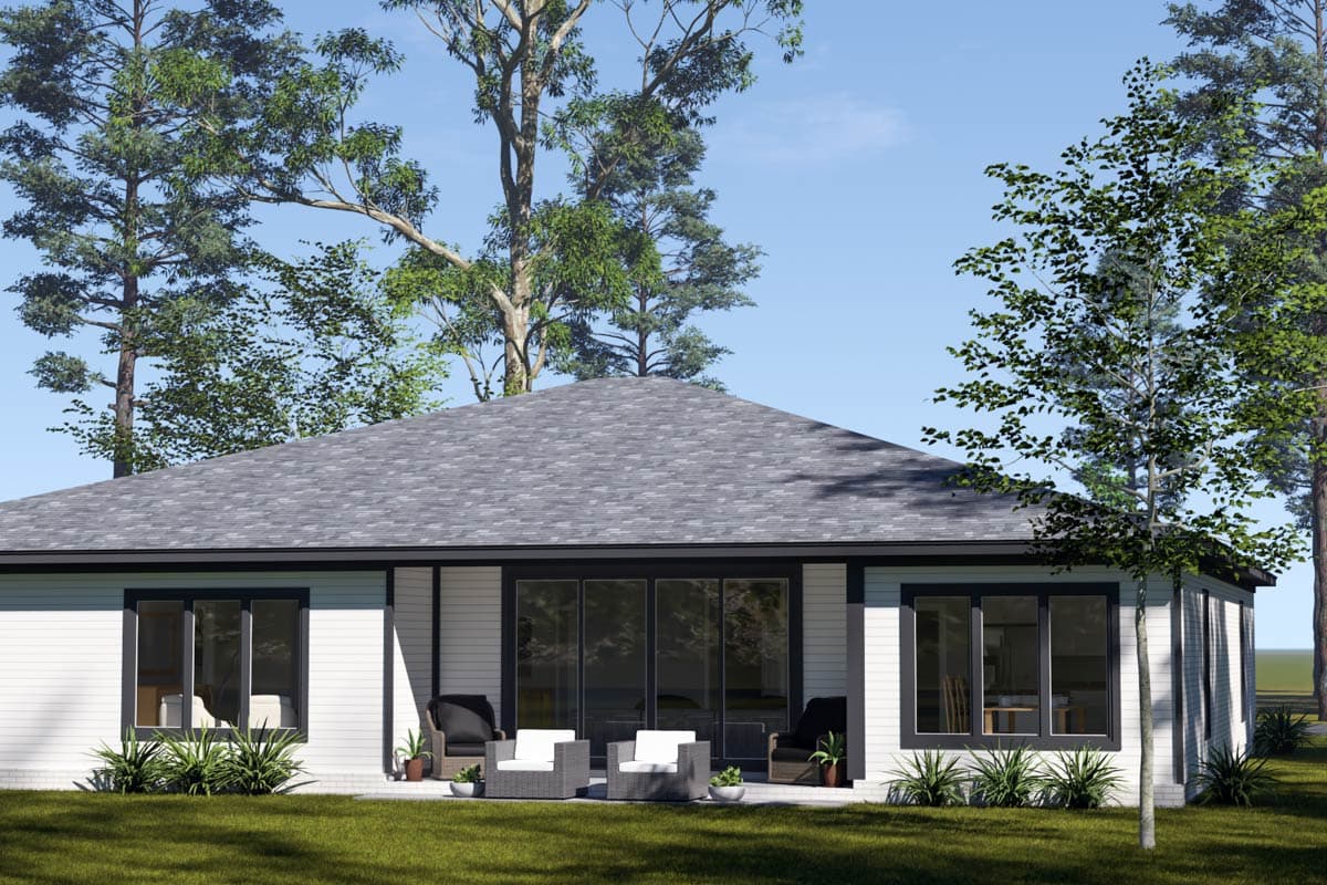 House plan exterior: Modern Ranch style, single-story, with large sliding glass doors and asphalt shingle roof.