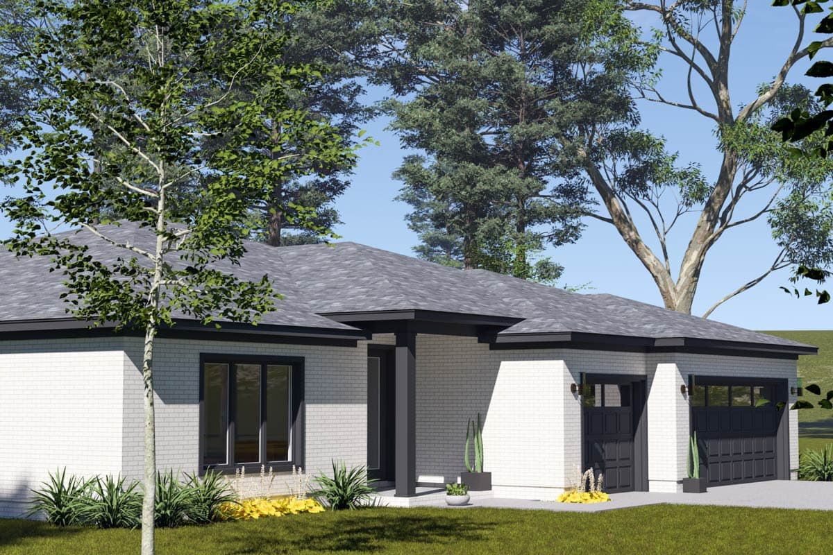 House plan exterior of single-story modern home with white brick facade, hip roof, covered entry, and two-car garage.
