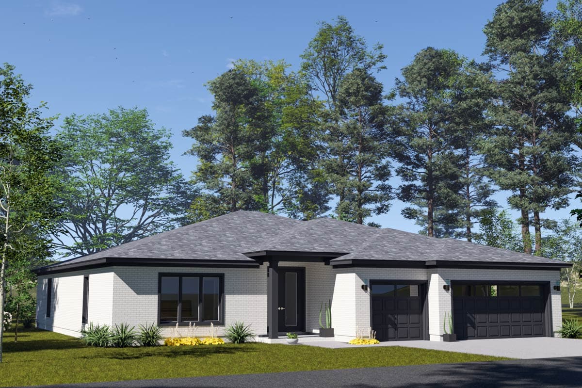 Modern ranch house plan exterior with white brick, hipped roof, covered entry, and attached two-car garage.
