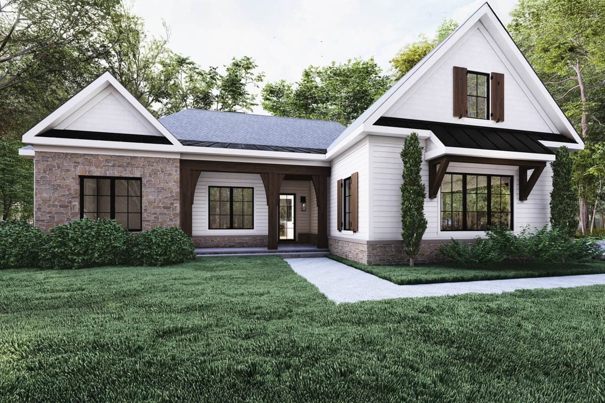 Modern Farmhouse house plan exterior with stone accents, a covered porch with timber beams, and multiple gables.