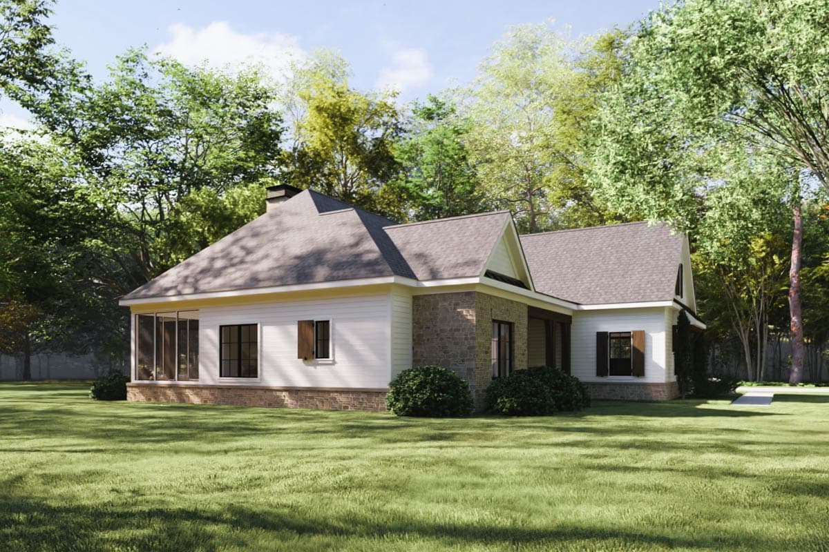 House plan exterior: one-story Modern Farmhouse with stone and white siding, gabled roof, dormers, and screened porch.