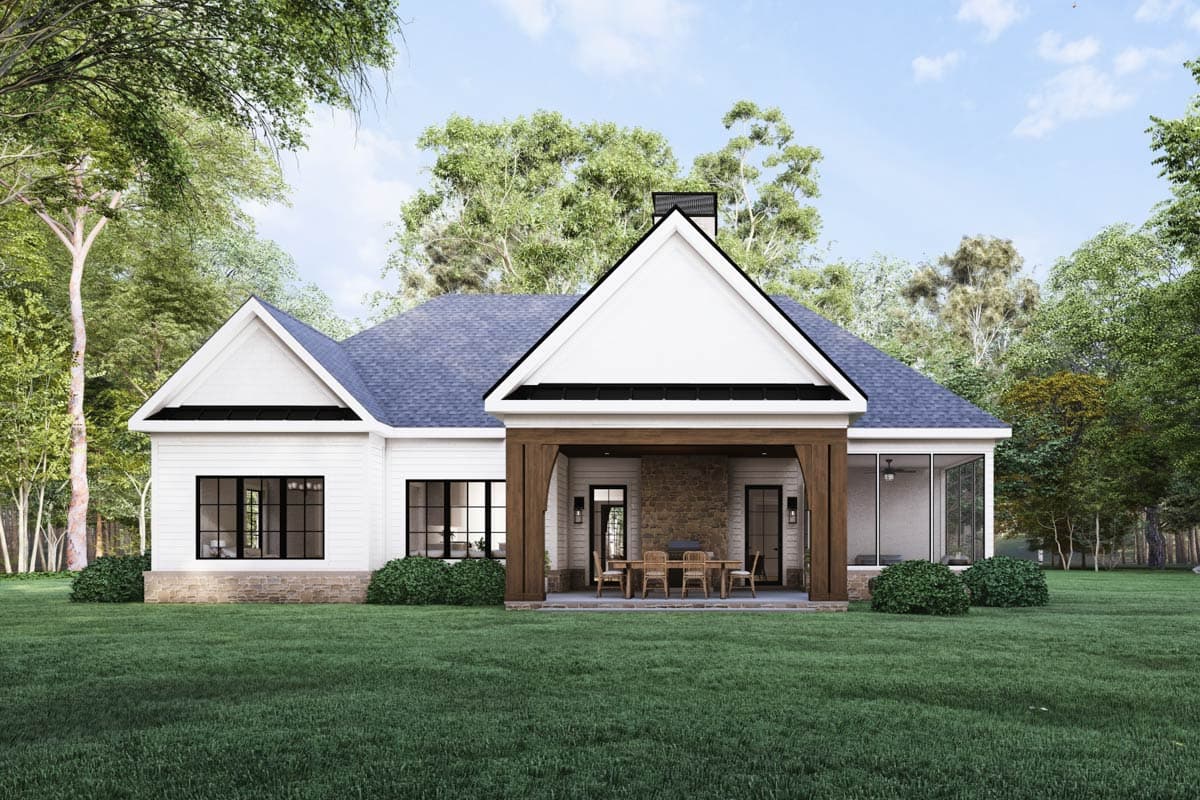 House plan exterior: Modern Farmhouse style, one story, with covered porch, stone fireplace, gables and screened-in porch.