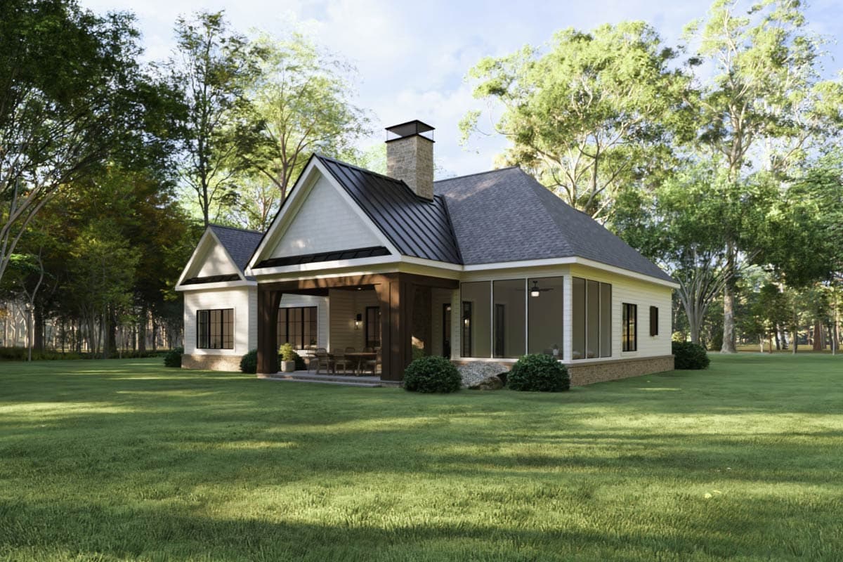 House plan exterior: Modern Farmhouse style, one story, with gabled roof, stone chimney, covered porch, and screened-in sunroom.
