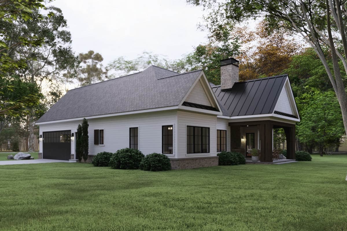 House plan exterior: Modern Farmhouse style, one story, white siding, stone base, dark metal roof, covered porch, and side-entry garage.