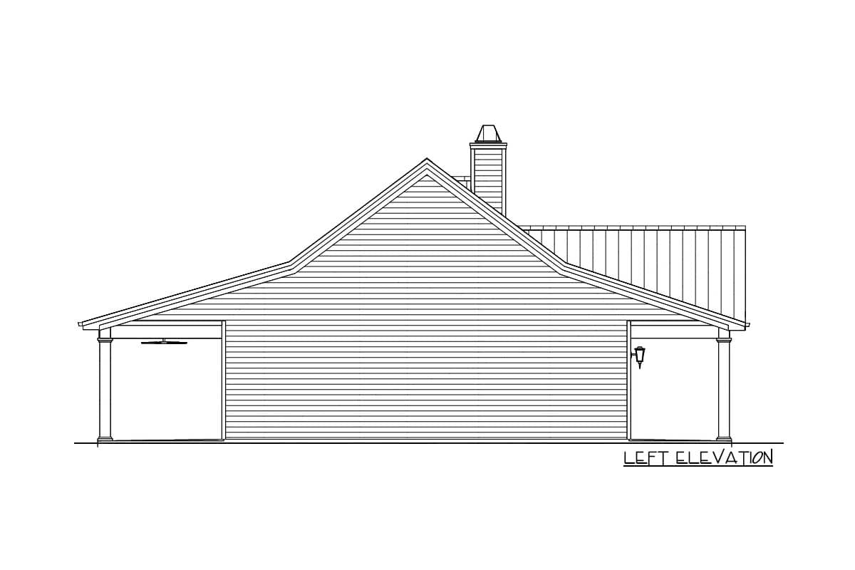 Line drawing of a house's left elevation, featuring a gabled roof with a chimney, a porch area, and horizontal siding details.