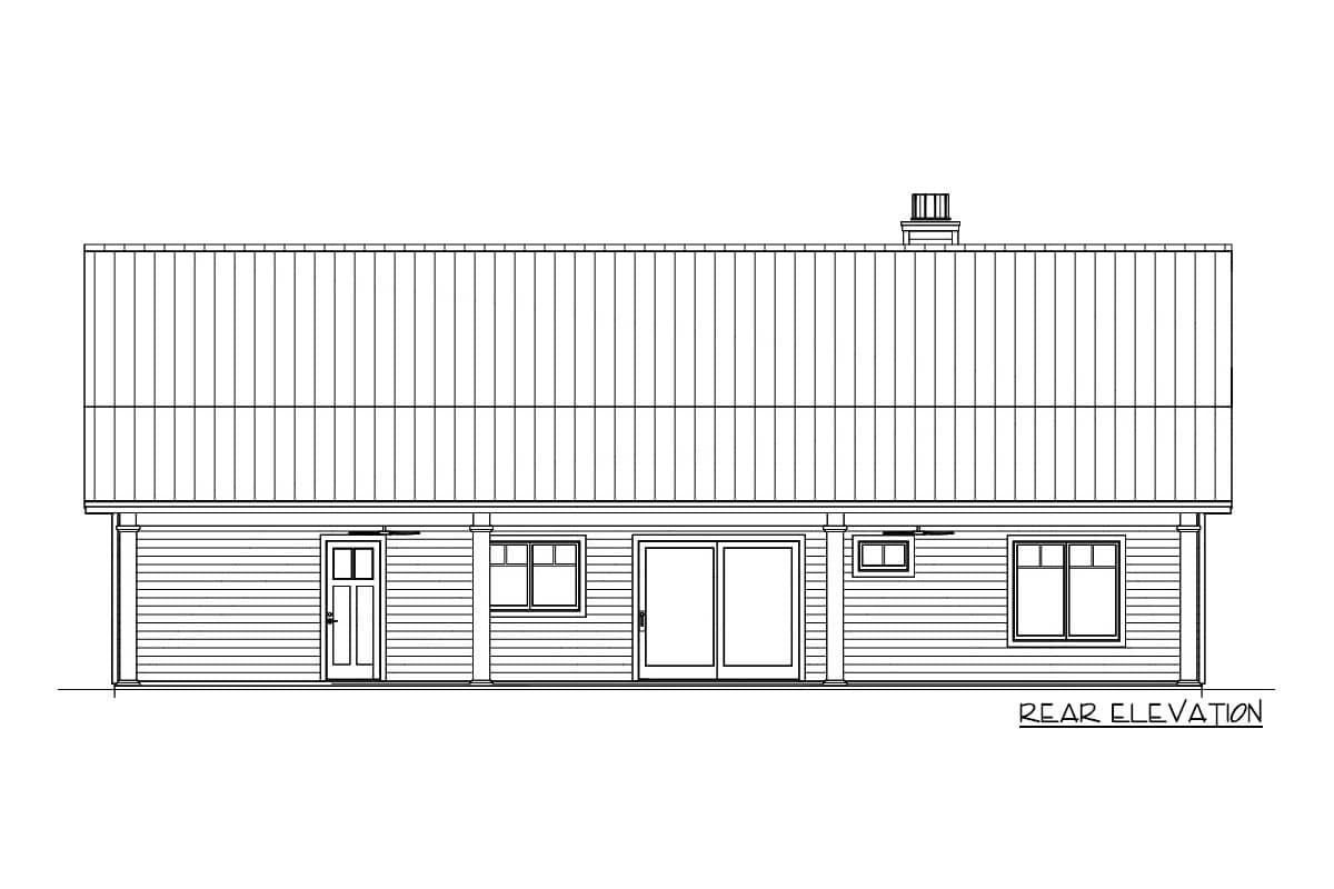 A rear elevation architectural drawing of a building with a large corrugated metal roof, horizontal siding, windows, and a sliding glass door.