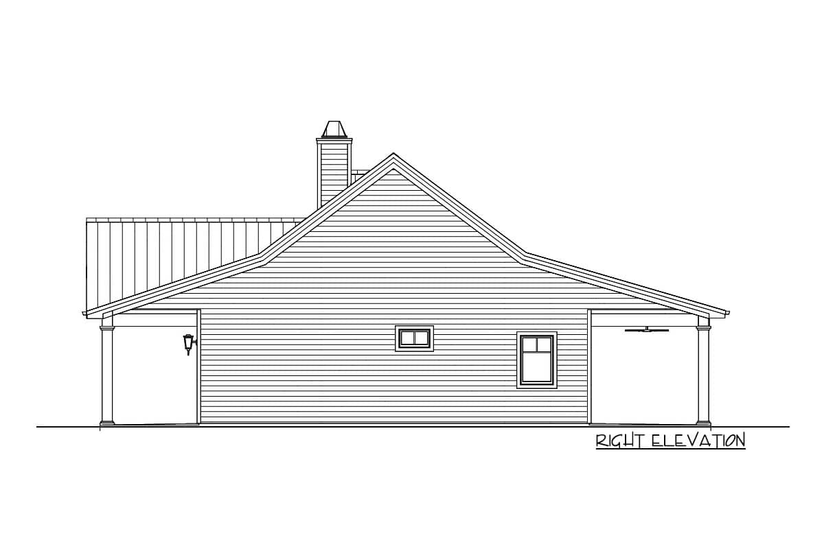 Line drawing of a house's right elevation, with a gabled roof, chimney, two windows, and a covered porch area labeled as a right elevation.