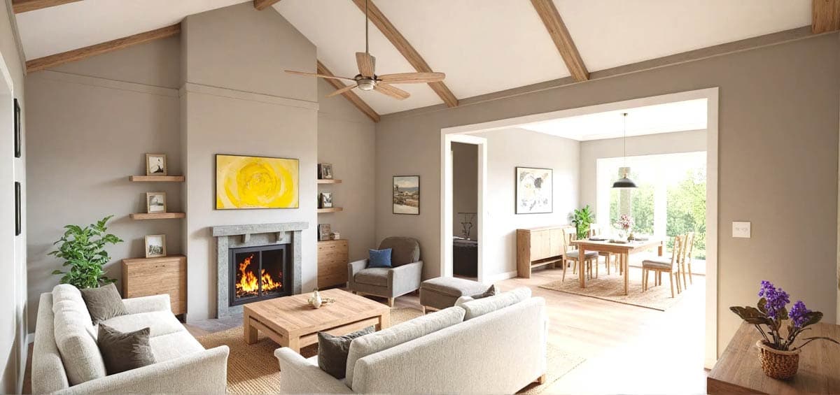 Cozy living room with a fireplace, sofas, and wooden ceiling beams. A dining area is visible in the background, with large windows for natural light.