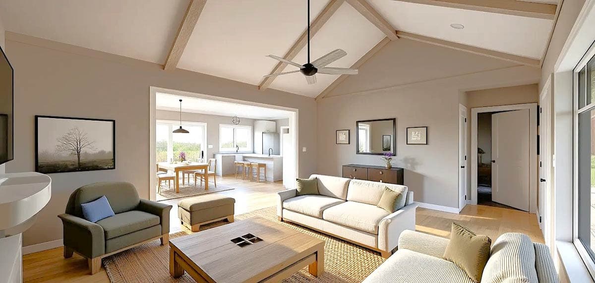 A modern, open-concept living room and kitchen showcasing neutral tones, vaulted ceilings with wood beams, and ample natural light.