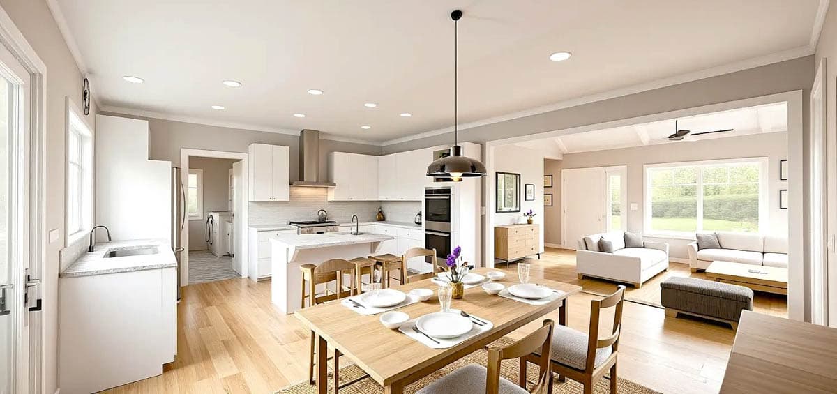 A modern kitchen and dining area featuring white cabinetry, a wooden dining table set for a meal, and a connected living space.