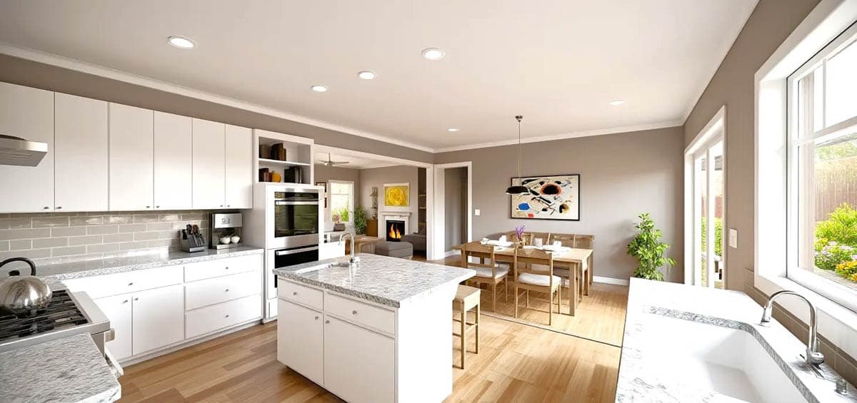 A modern, open-concept kitchen with white cabinets, a granite island, and a dining area visible beyond. Natural light streams in through a window.