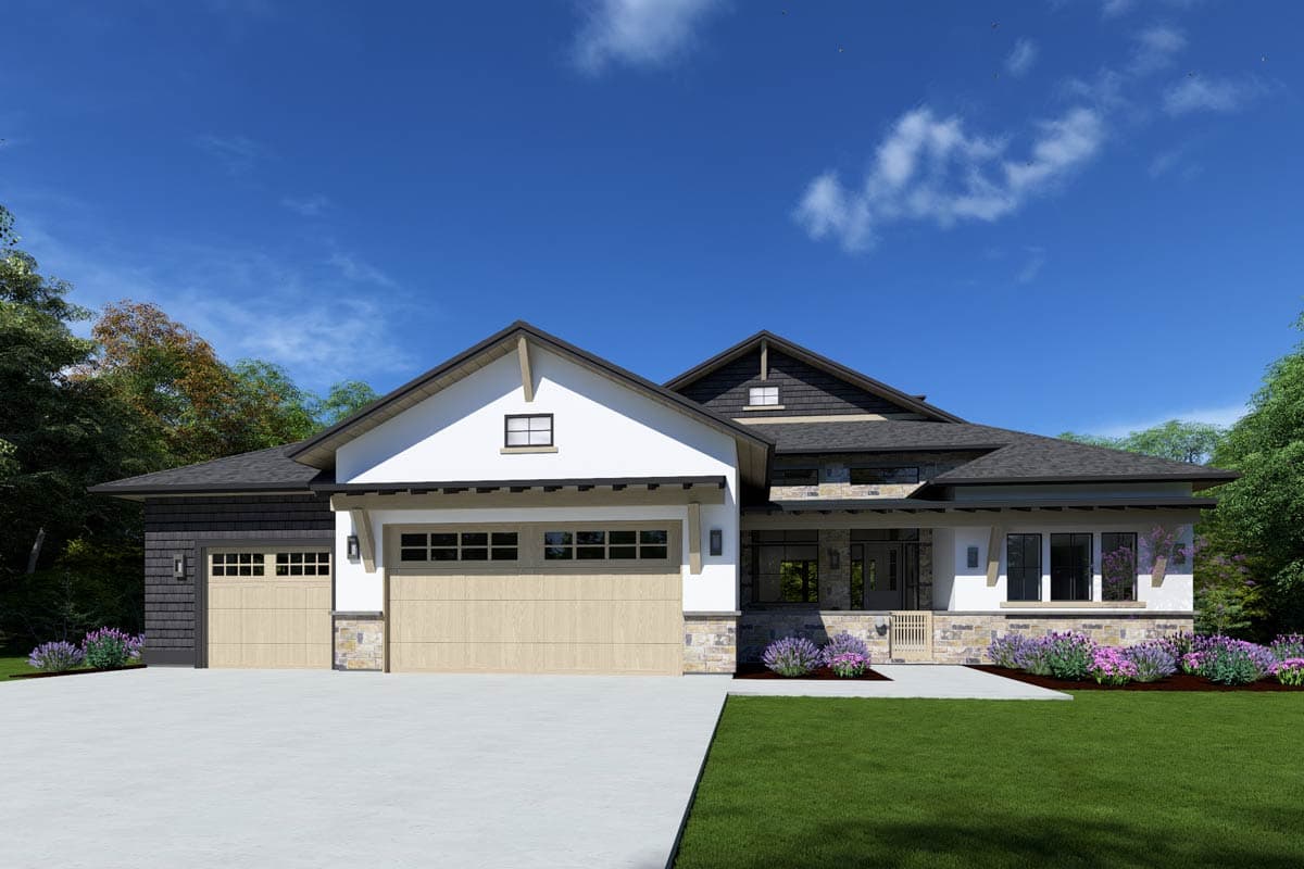 Modern Farmhouse house plan exterior with two-car garage, gabled dormers, stone accents, and deep eaves.