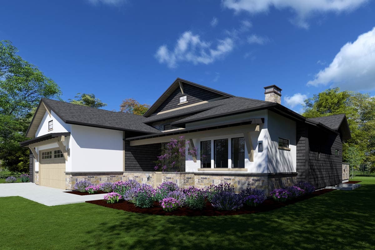 House plan exterior of a single-story Modern Farmhouse with a side-entry garage, stone foundation, and dark shingle siding.