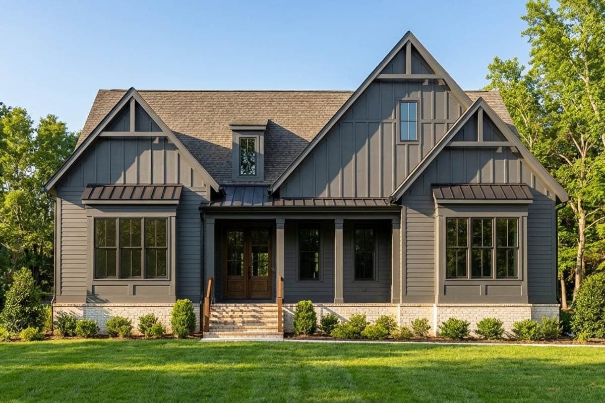 A modern home with dark gray siding, a gabled roof, and a covered porch. Lush green lawn and manicured shrubs complement the architecture.
