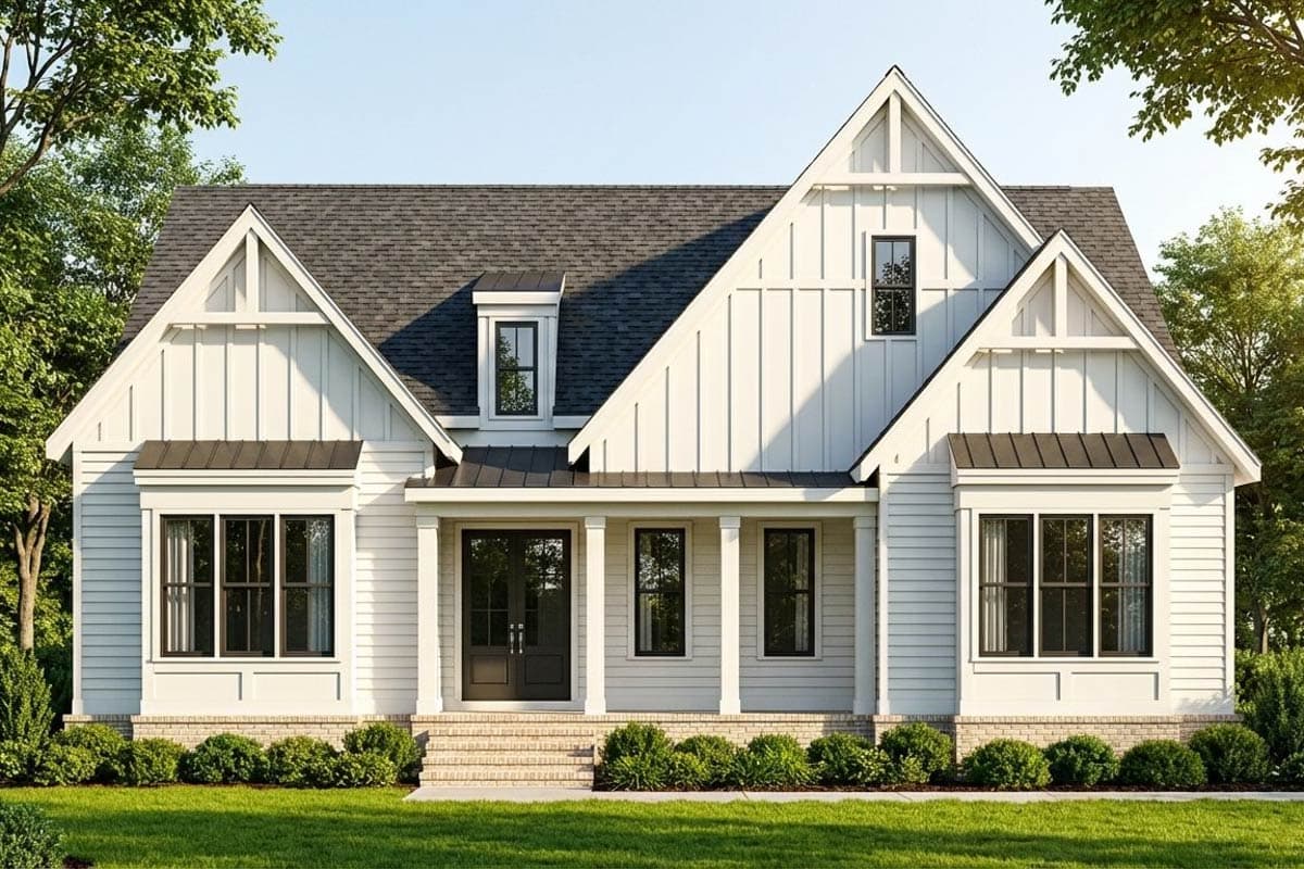 Modern Farmhouse house plan exterior with board and batten siding, gables, dormer window, and covered porch.