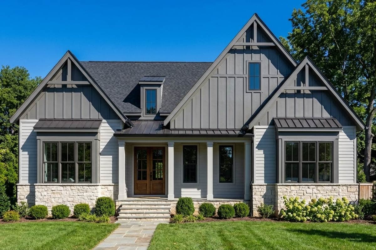 House plan exterior with stone base, gable rooflines, dormers, and a covered front porch with columns.