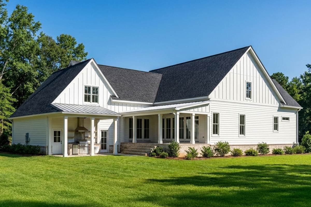 Modern Farmhouse house plan exterior with board and batten siding, gable dormers, metal roof porch, and outdoor kitchen.