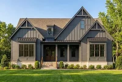 Modern Southern Farmhouse House Plan: Main Level Master, Vaulted Great Room