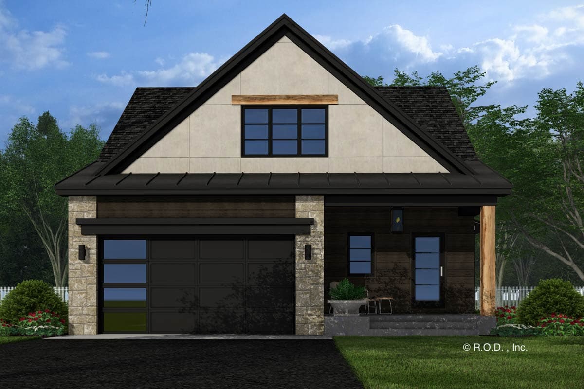 House plan exterior: Modern design with stone accents, dark wood siding, large garage door, and prominent gable with a dormer window.