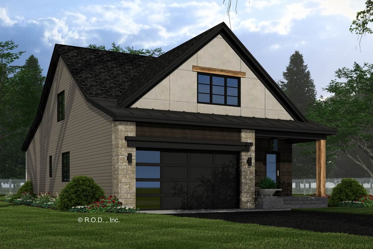 House plan exterior: Modern Farmhouse style, two-story with a prominent gable, stone accents, metal roof, and covered porch with timber post.