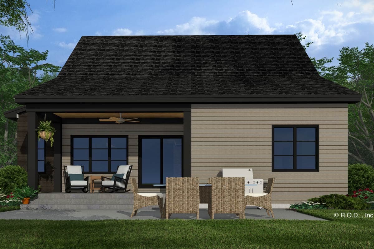 Modern house plan exterior: one story with covered porch, dark trim, horizontal siding, and outdoor dining area.