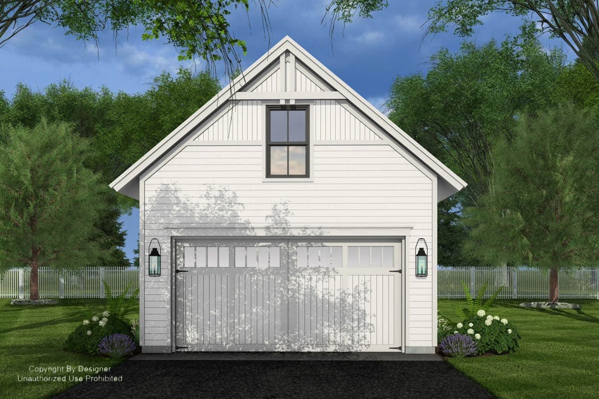House plan exterior of a two-car garage with a gable roof, vertical siding, and carriage-style doors.