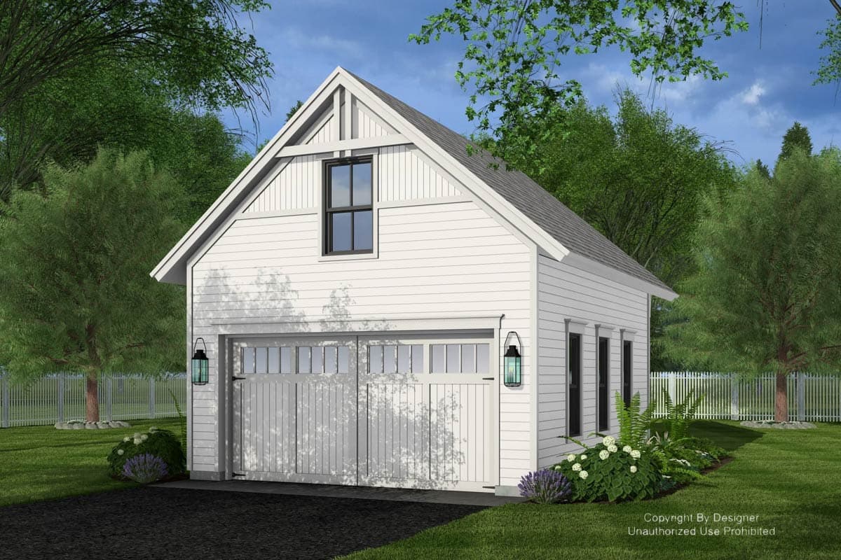 House plan exterior: White two-story garage with gable, board and batten trim, two overhead doors, and a dormer window.