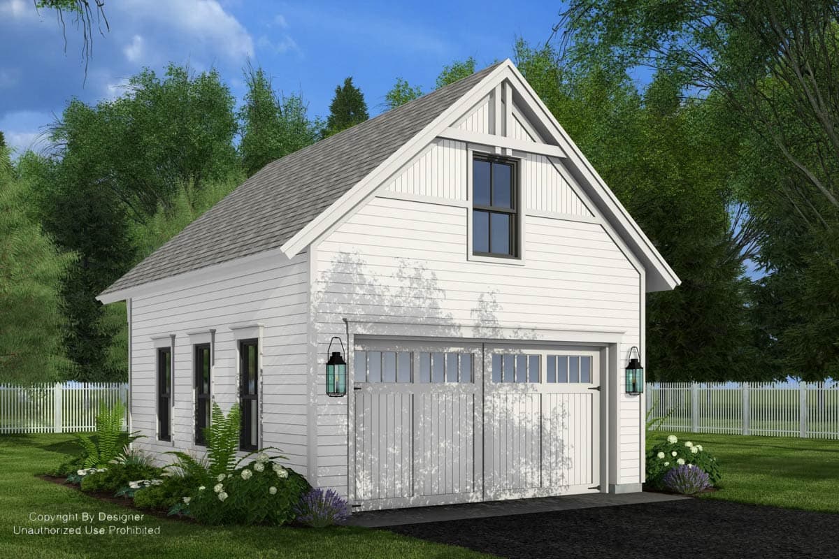 House plan exterior: Modern farmhouse style garage with two bays, gable dormer, and vertical siding.