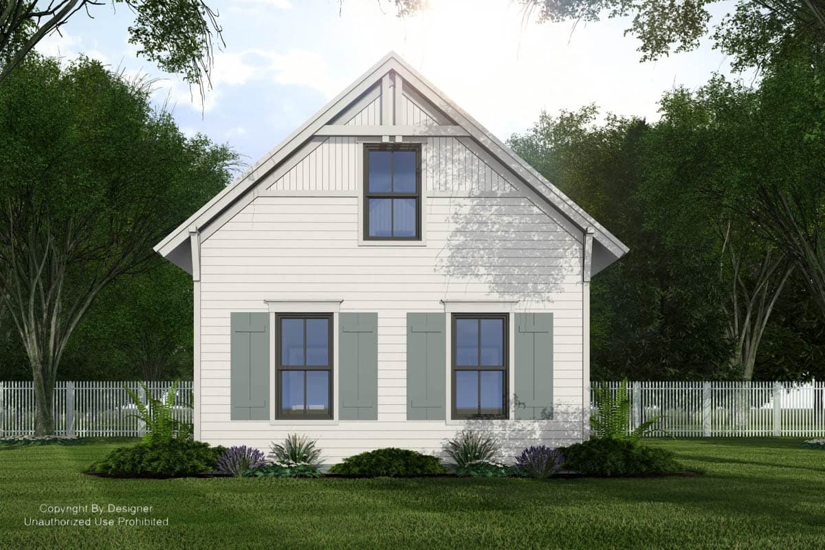 House plan exterior: A two-story Modern Farmhouse with board and batten siding, gable, and shutters.