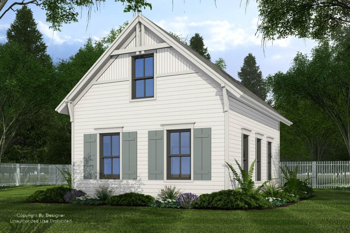 House plan exterior of a two-story Modern Farmhouse with board and batten siding, gable roof, decorative gable trim, and louvered shutters.