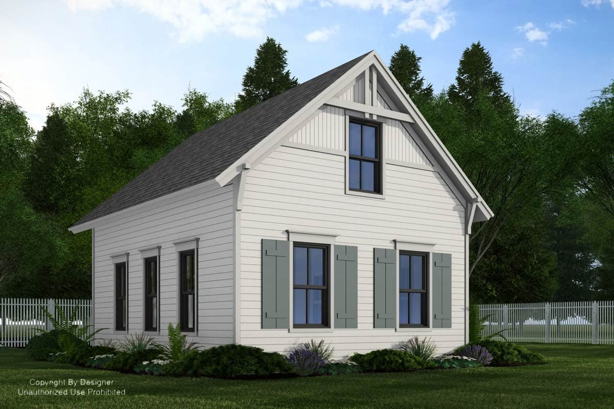 Modern Farmhouse house plan exterior, two stories, white siding, gable dormer, and paneled shutters.