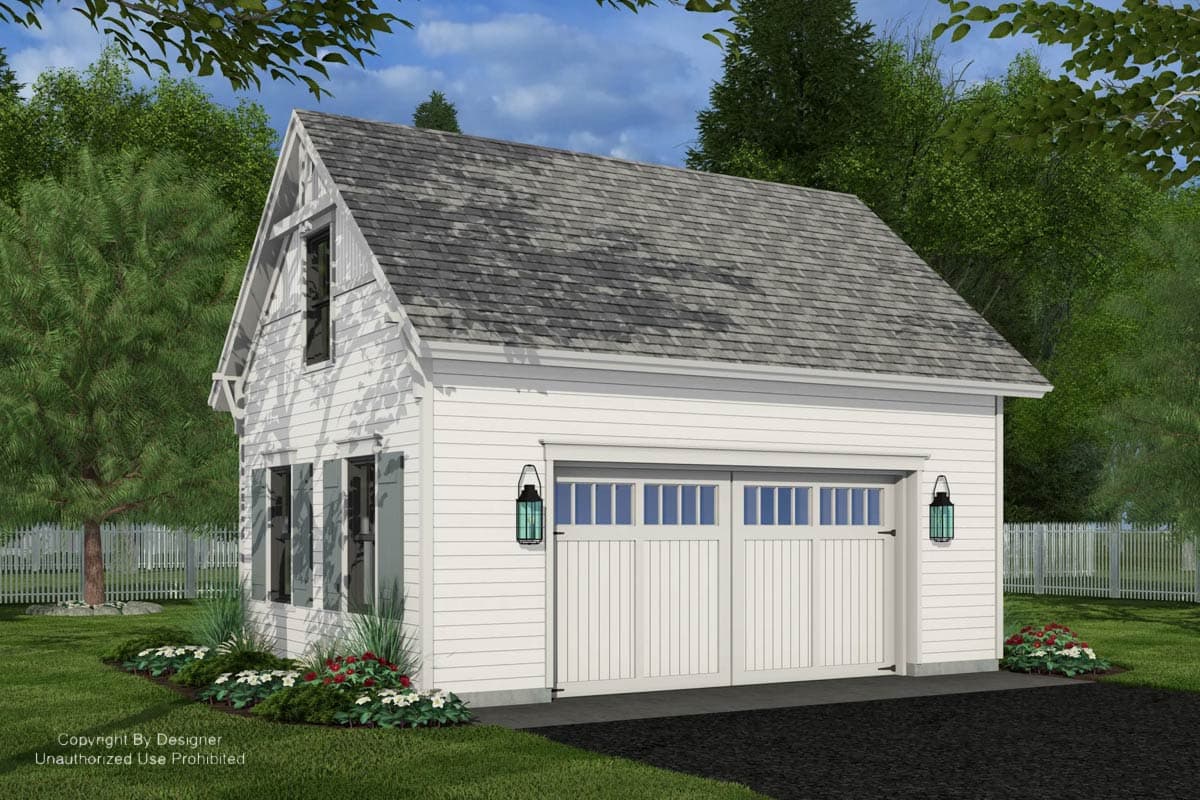 Exterior house plan: Two-story garage with a gable roof, double garage doors with glass panes, and dormer window.