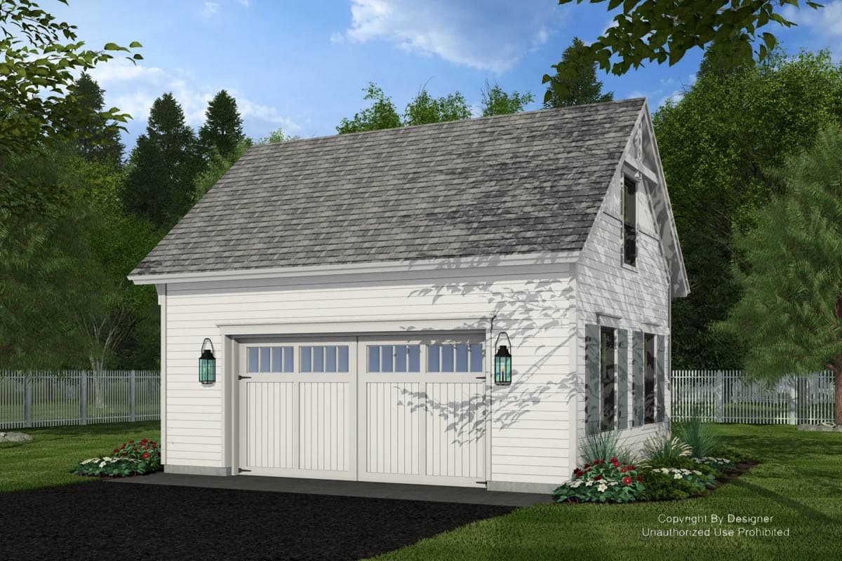 House plan exterior: A two-story Modern Farmhouse design with a prominent gable, double garage doors with transom windows, and decorative lanterns.