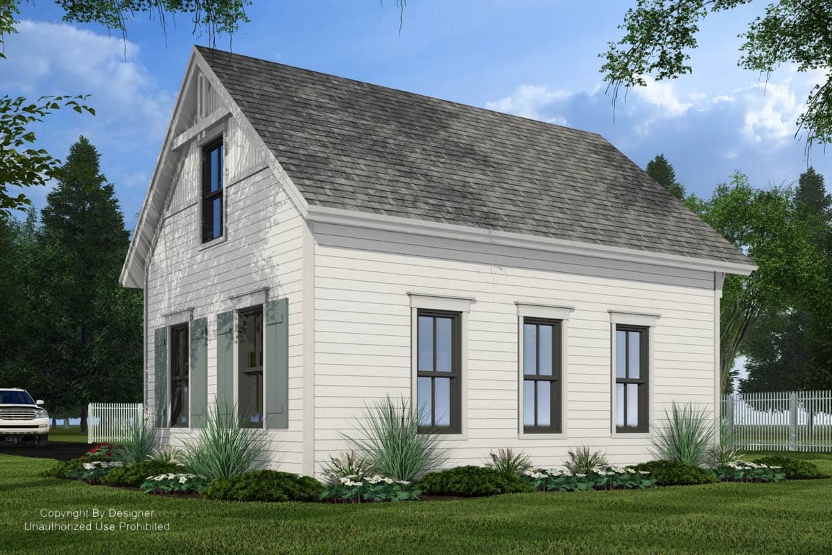 House plan exterior of a two-story Modern Farmhouse with a prominent gable, lap siding, and dark-framed windows.