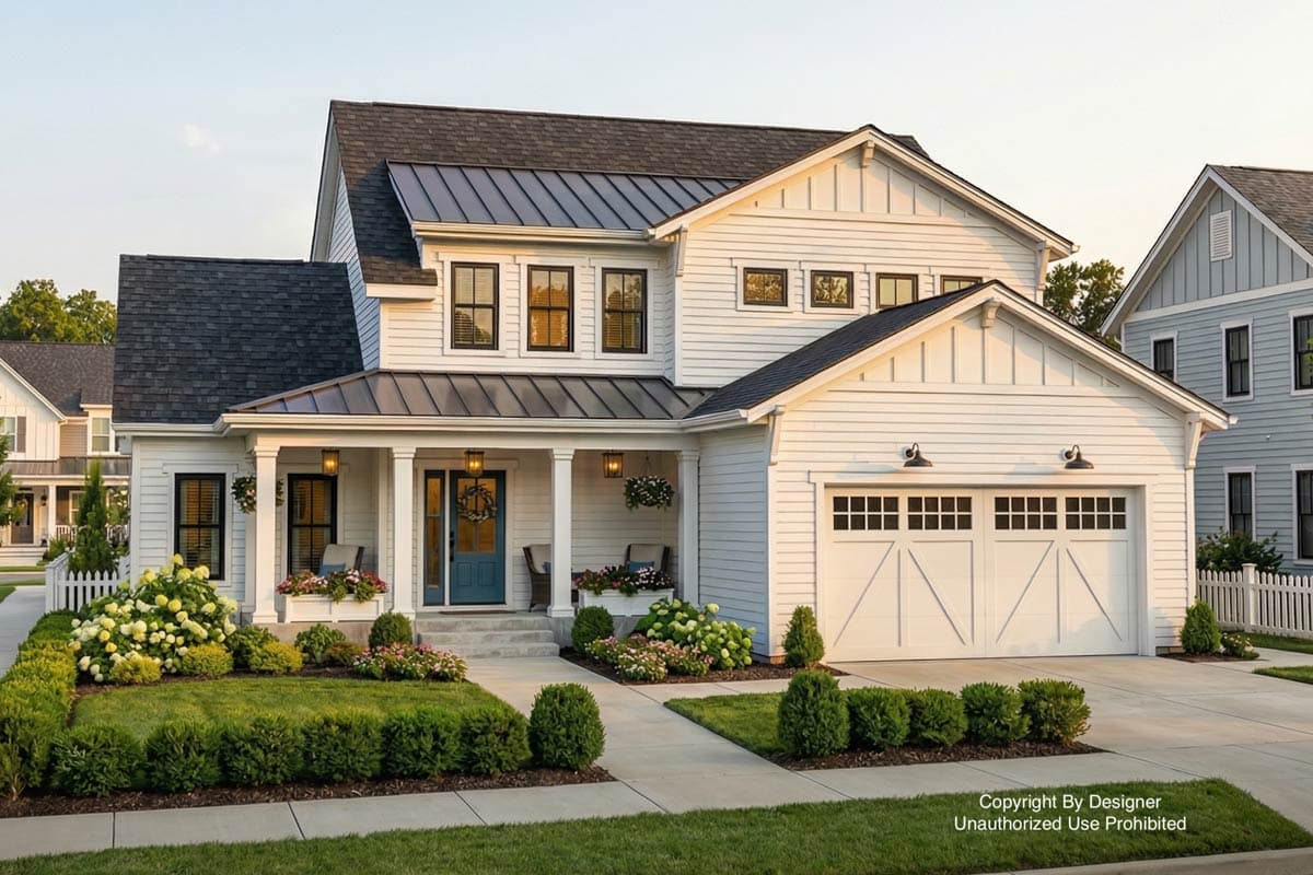 Modern Farmhouse house plan exterior with a two-story structure, covered front porch, and attached garage with decorative doors.