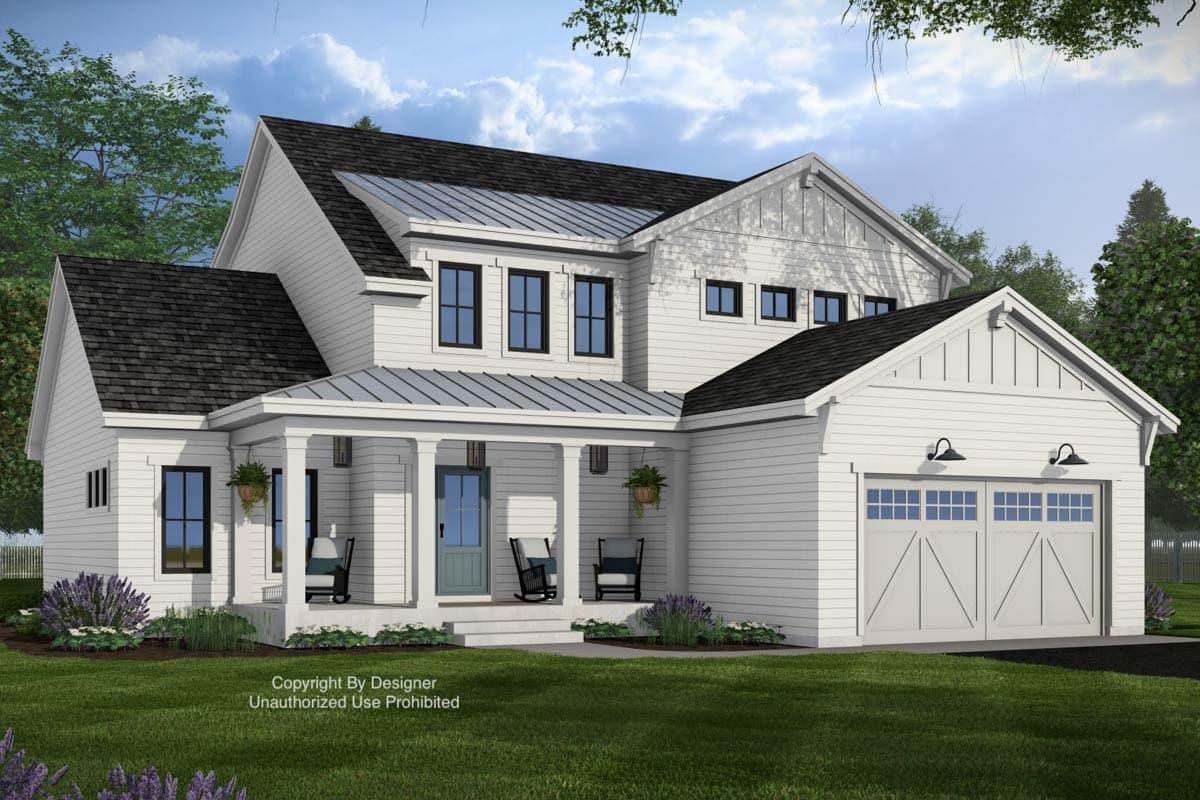 Modern Farmhouse house plan exterior, two stories, with a covered front porch, metal roof section, and a two-car side-entry garage.