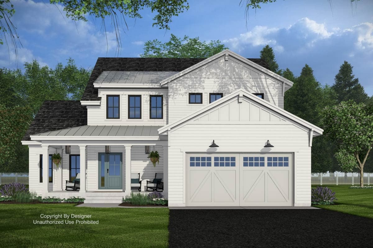 House plan exterior: Modern Farmhouse style, two stories, with a covered porch, gable rooflines, and a side-entry two-car garage.