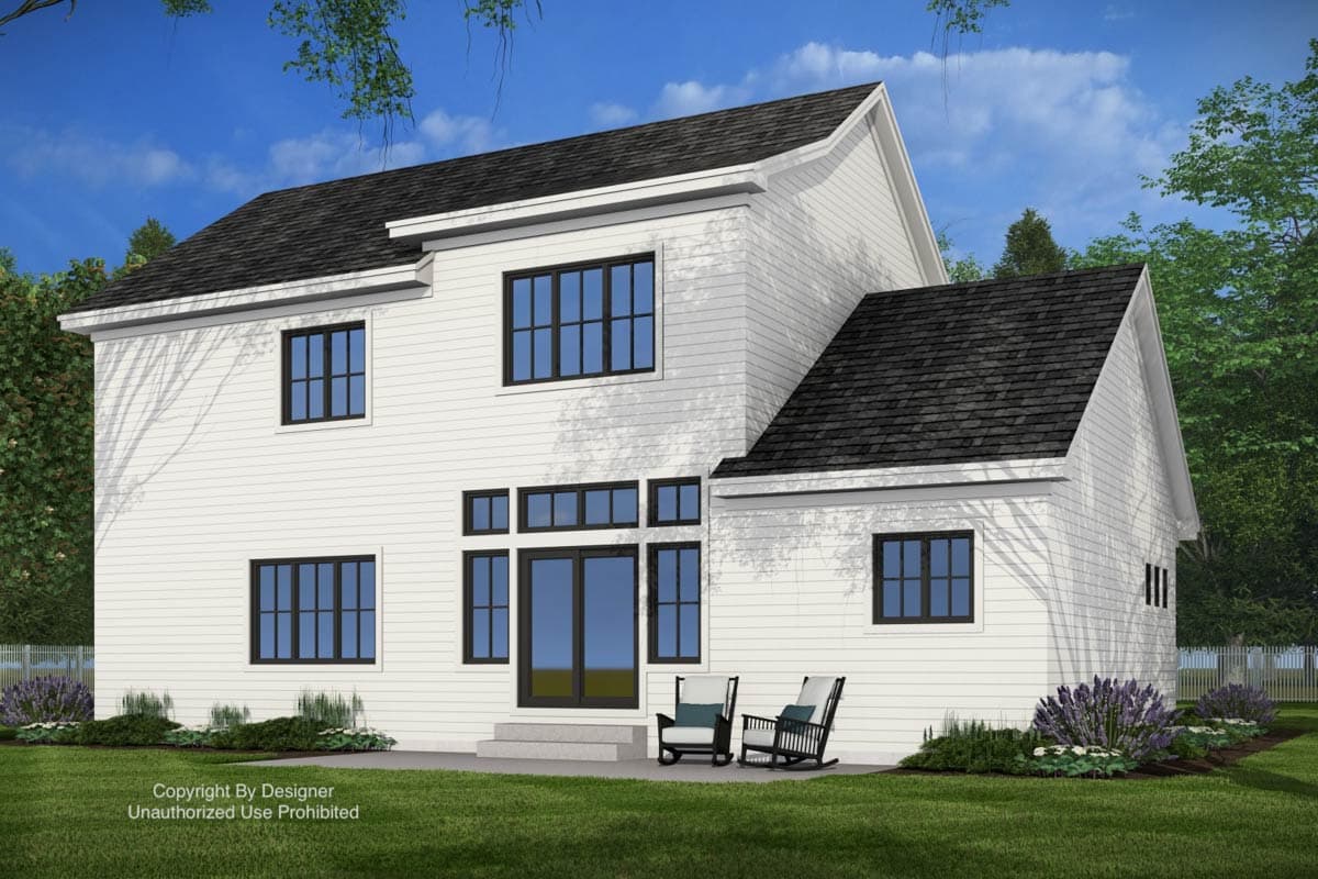 Two-story house plan exterior with white horizontal siding, black-framed windows, and a hip roof.